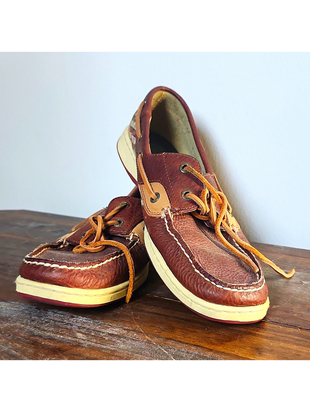 Sperry Top-Sider Teen Boat Shoes Brown Leather Plaid Lace-Up Rubber Sole 10M